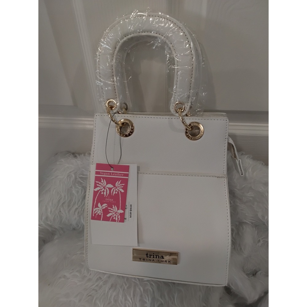 Trina Turk White Vegan Leather Double Handle Crossbody Bag Front Slip Pocket NEW - Picture 8 of 8